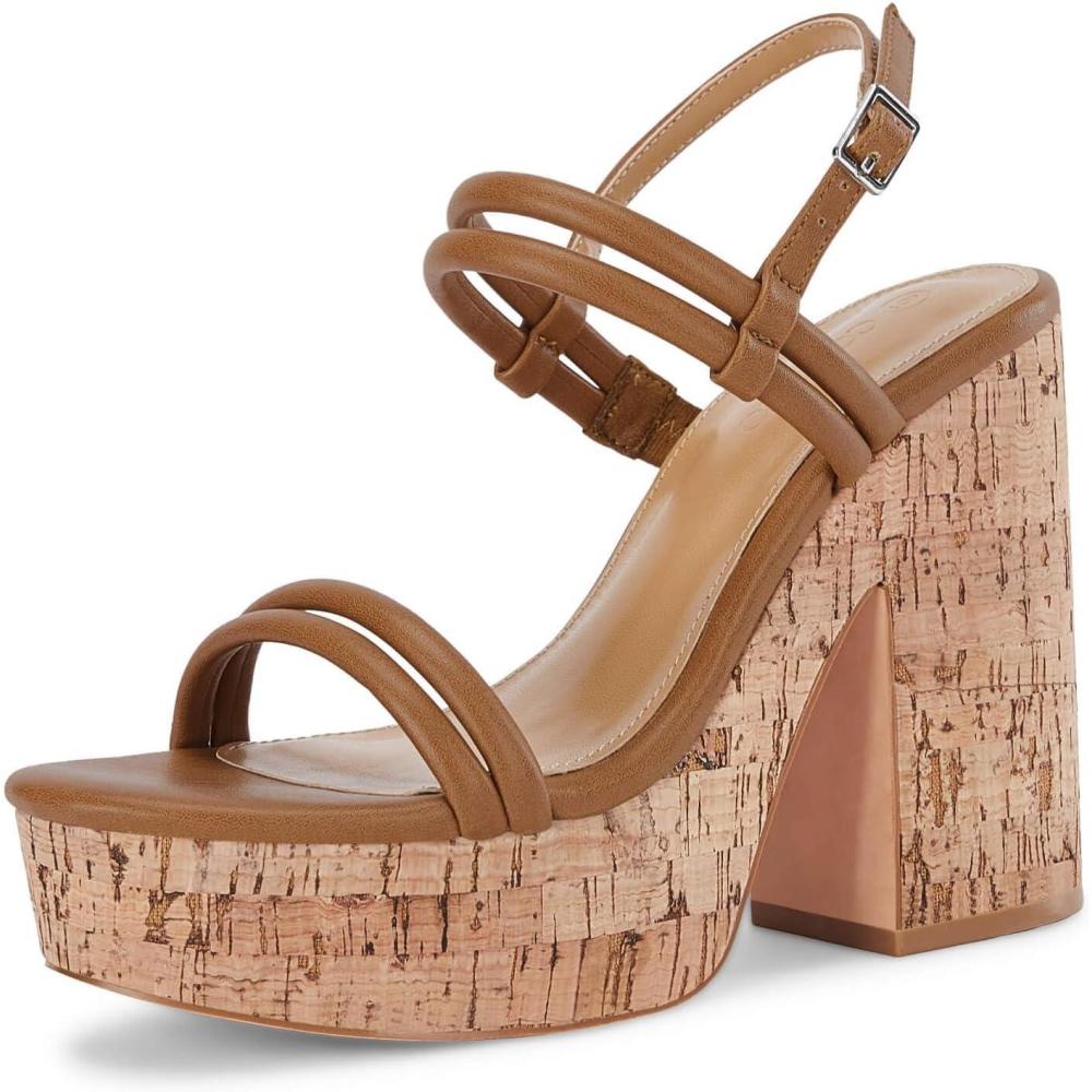 image:imageCoutgo Womens Cork Wedge Sandals Heels Open Toe High Heel Platform Slingback Ankle Strap Buckle Summer Dressy ShoesBrown