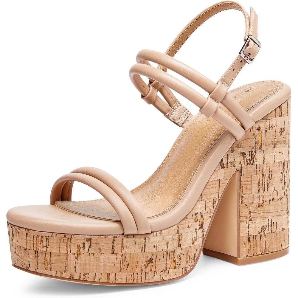 image:imageCoutgo Womens Cork Wedge Sandals Heels Open Toe High Heel Platform Slingback Ankle Strap Buckle Summer Dressy ShoesKhaki