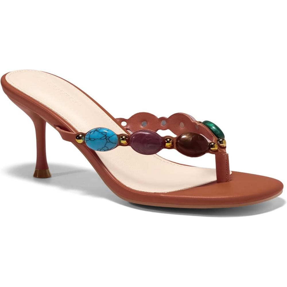 image:imageCoutgo Womens Jeweled Heeled Sandals Kitten Heel Starppy Flip Flop Backless Open Toe Slides Boho Summer Vacation Beach ShoesDark Brown