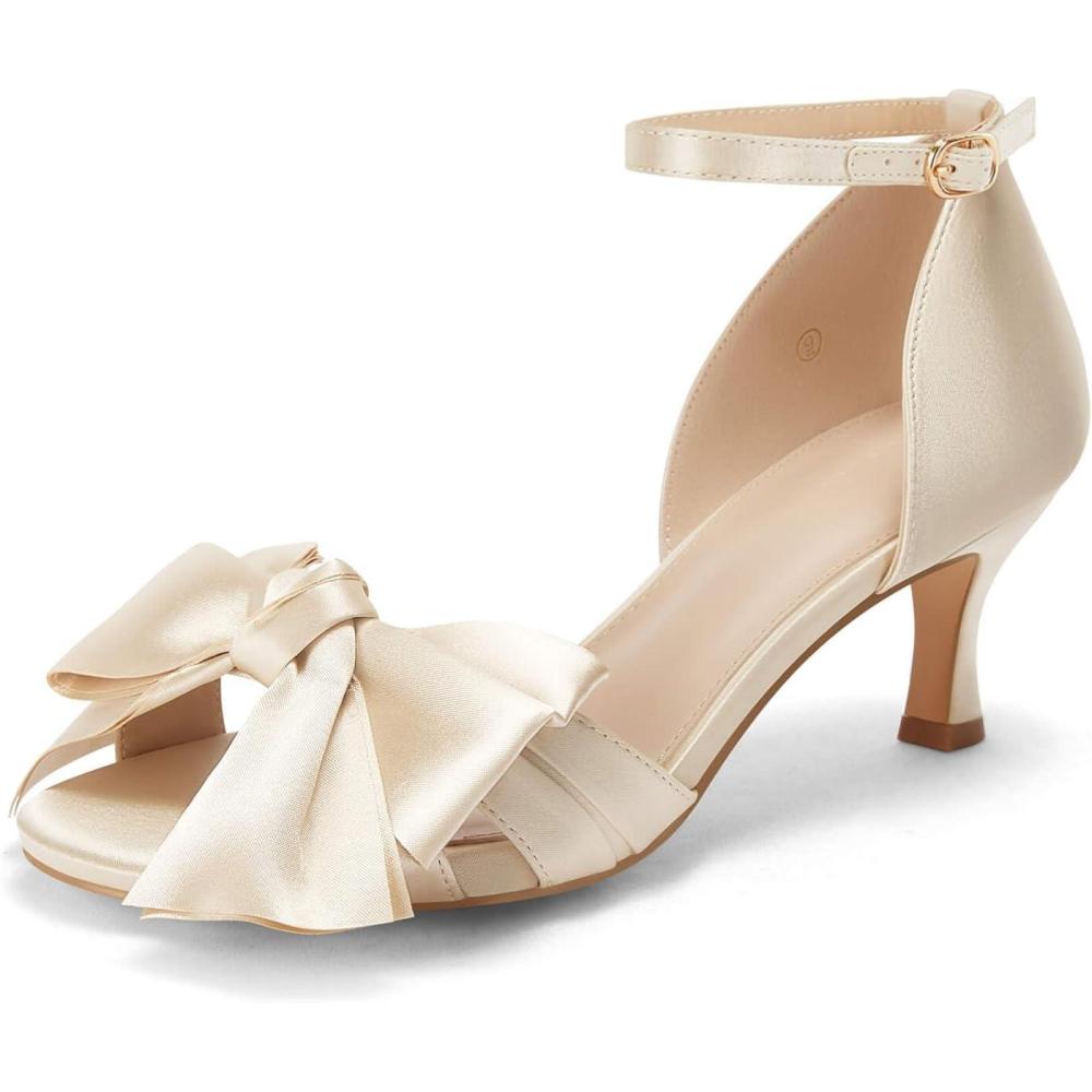 image:imageCoutgo Womens Kitten Heels Bow Low Heel Sandals Open Toe Ankle Strap Party Wedding Dress ShoesKhaki