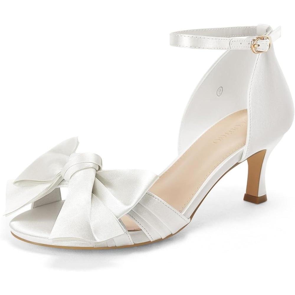 image:imageCoutgo Womens Kitten Heels Bow Low Heel Sandals Open Toe Ankle Strap Party Wedding Dress ShoesWhite