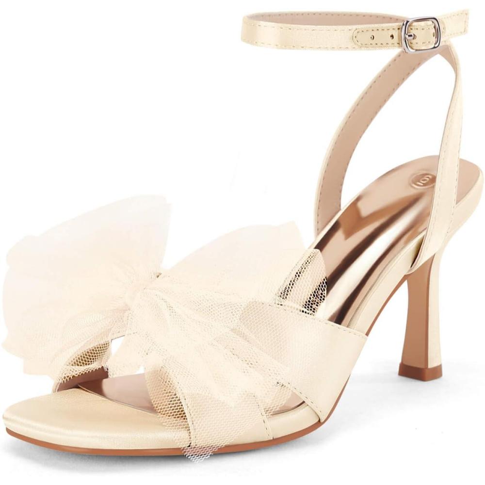 image:imageCoutgo Womens Lace Bow Heels Sandals Open Square Toe Stiletto High Heel Ankle Strap Bride Wedding Dress ShoesChampagne Gold