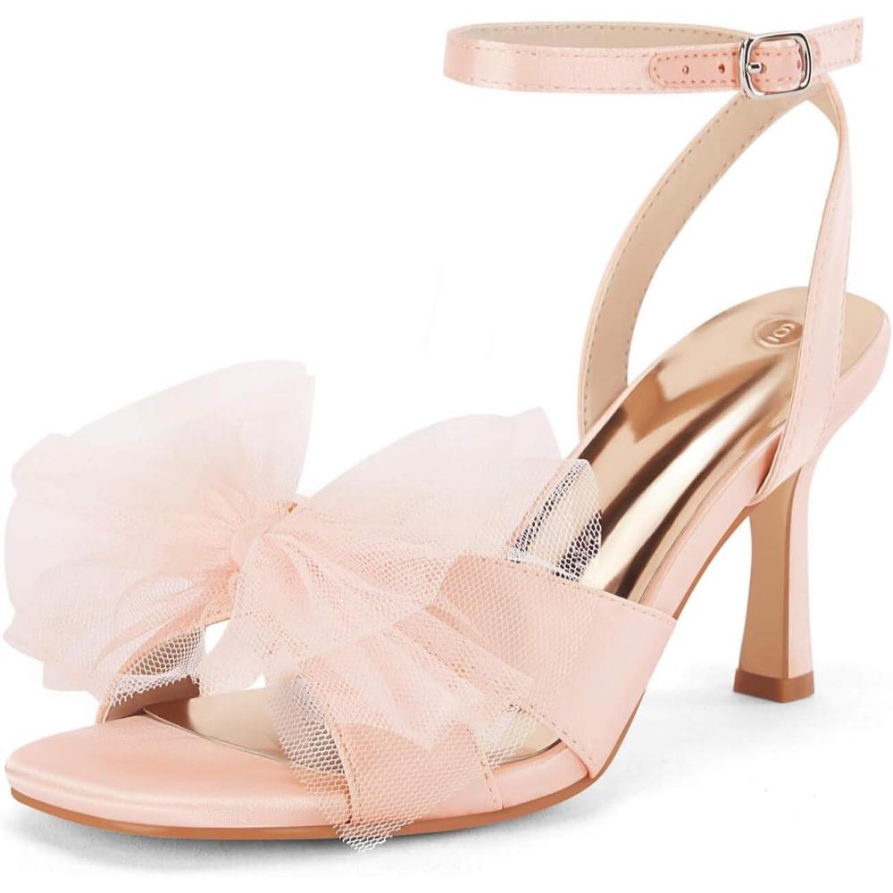 image:imageCoutgo Womens Lace Bow Heels Sandals Open Square Toe Stiletto High Heel Ankle Strap Bride Wedding Dress ShoesPink