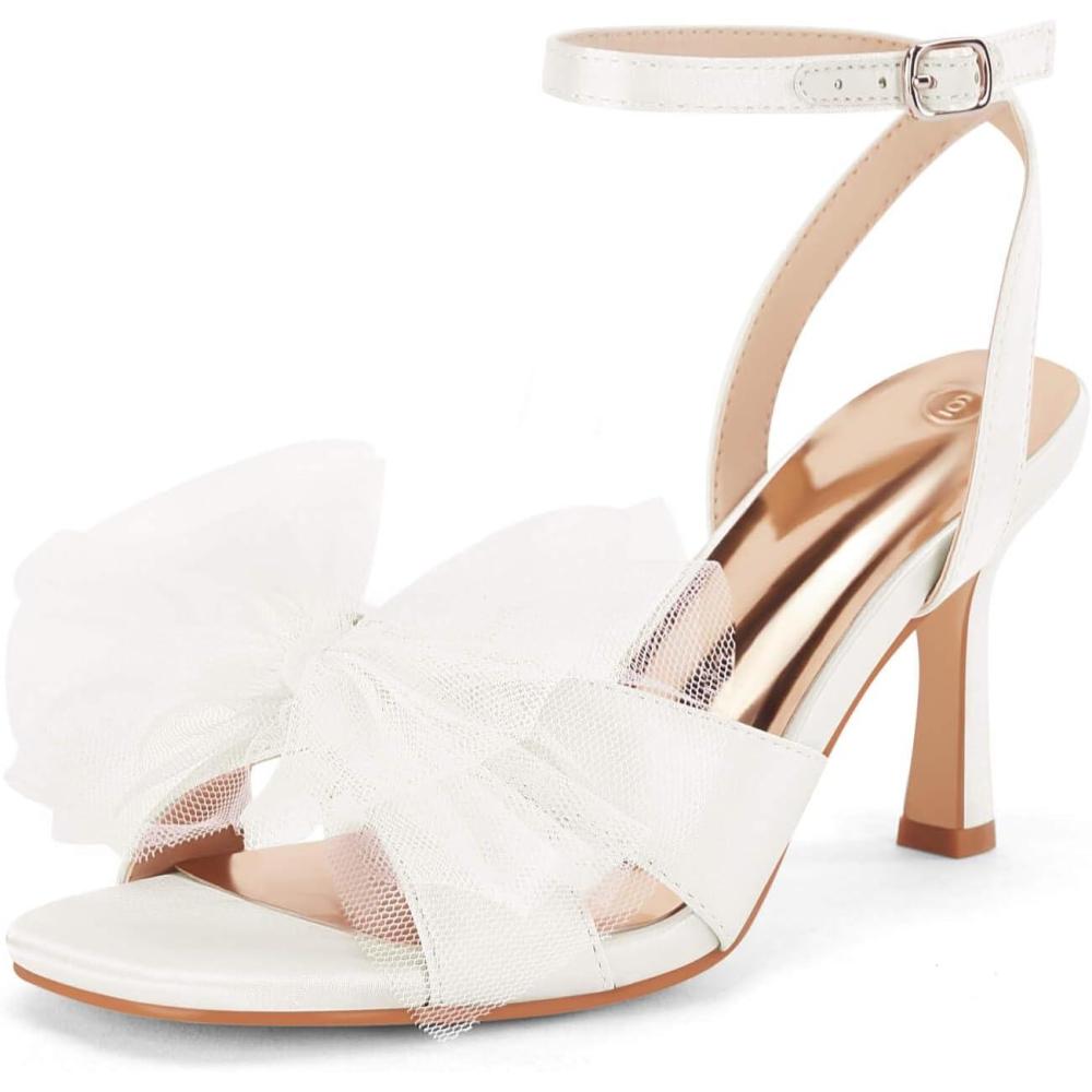 image:imageCoutgo Womens Lace Bow Heels Sandals Open Square Toe Stiletto High Heel Ankle Strap Bride Wedding Dress ShoesWhite