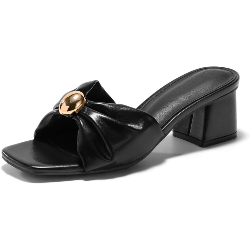 image:imageCoutgo Womens Low Chunky Block Heels Raffia Sandals Square Open Toe Slip On Slides Summer Beach Dress ShoesBlack Pu