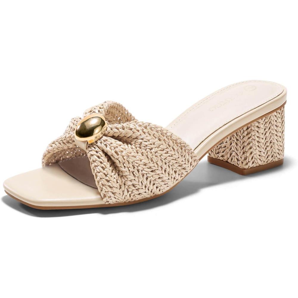 image:imageCoutgo Womens Low Chunky Block Heels Raffia Sandals Square Open Toe Slip On Slides Summer Beach Dress ShoesCream White