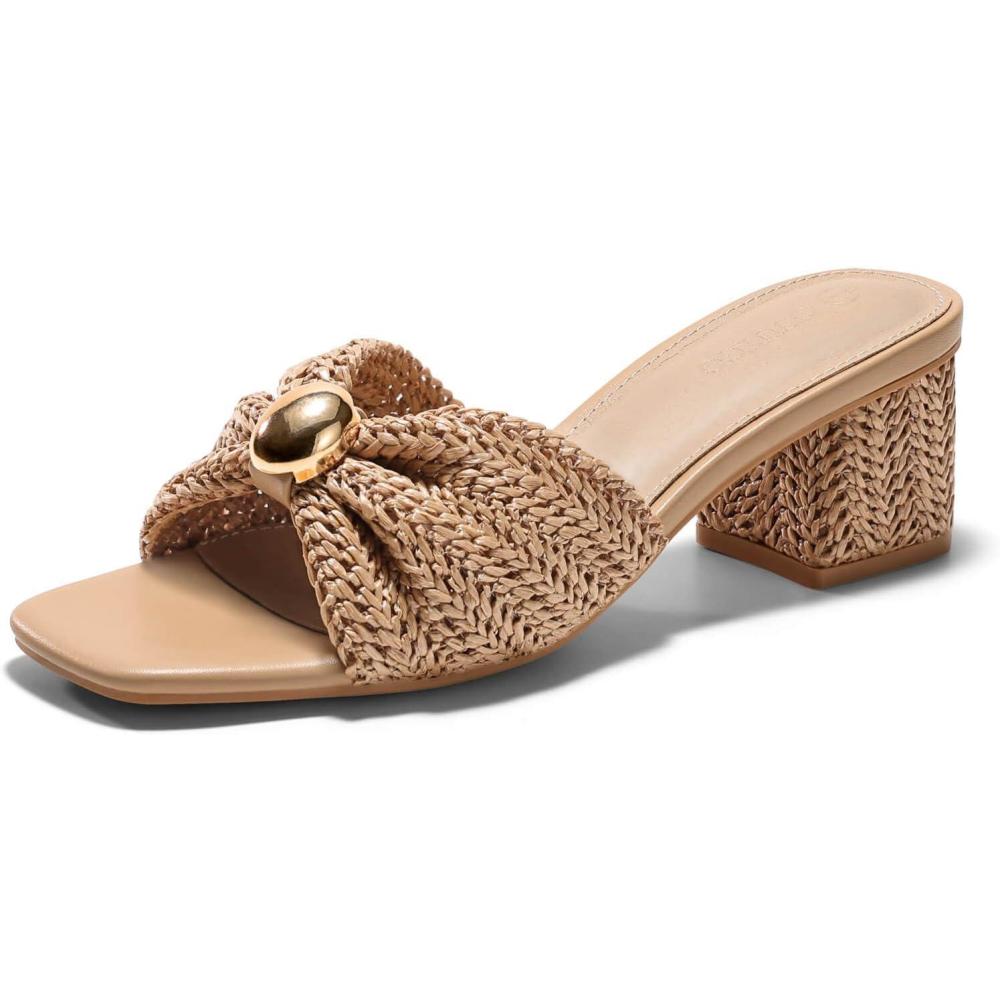 image:imageCoutgo Womens Low Chunky Block Heels Raffia Sandals Square Open Toe Slip On Slides Summer Beach Dress ShoesLight Khaki