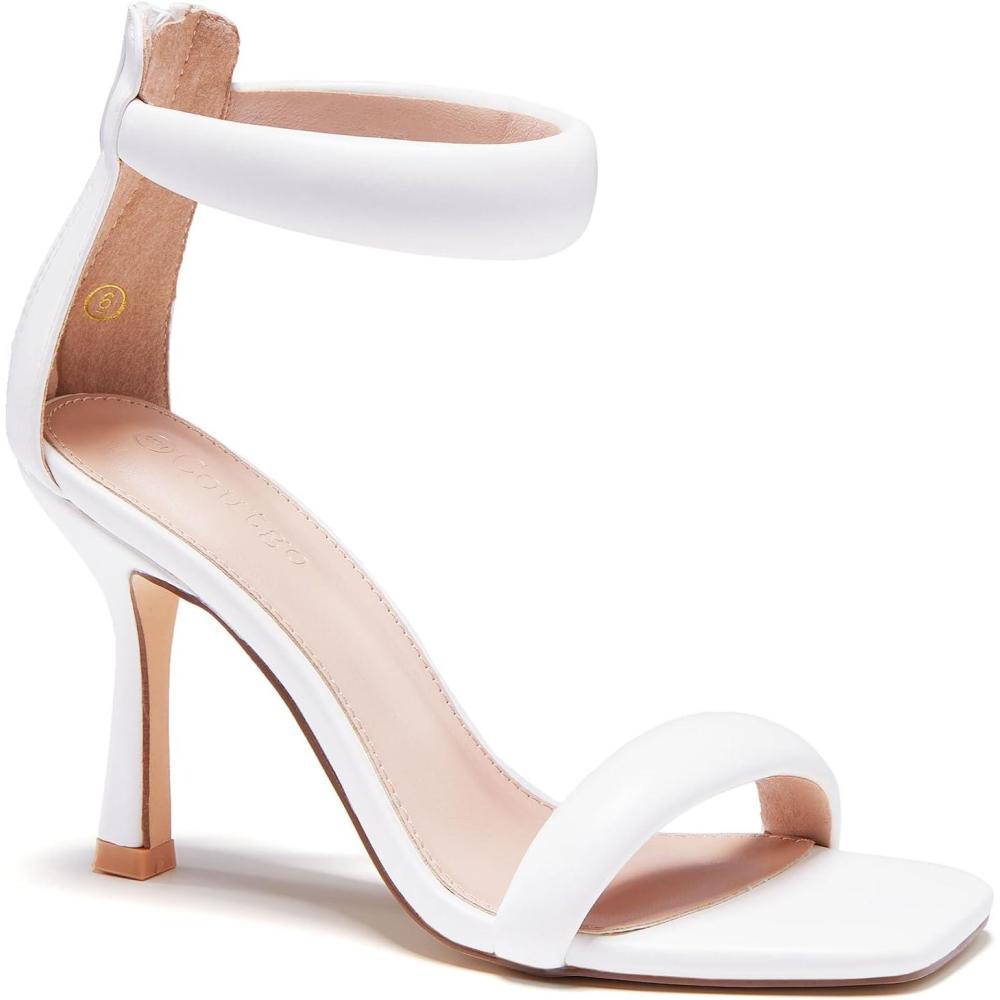 image:imageCoutgo Womens One Strap Heeled Sandals Square Open Toe Stiletto Heels Ankle Buckle Strap Summer Pump ShoesWhite