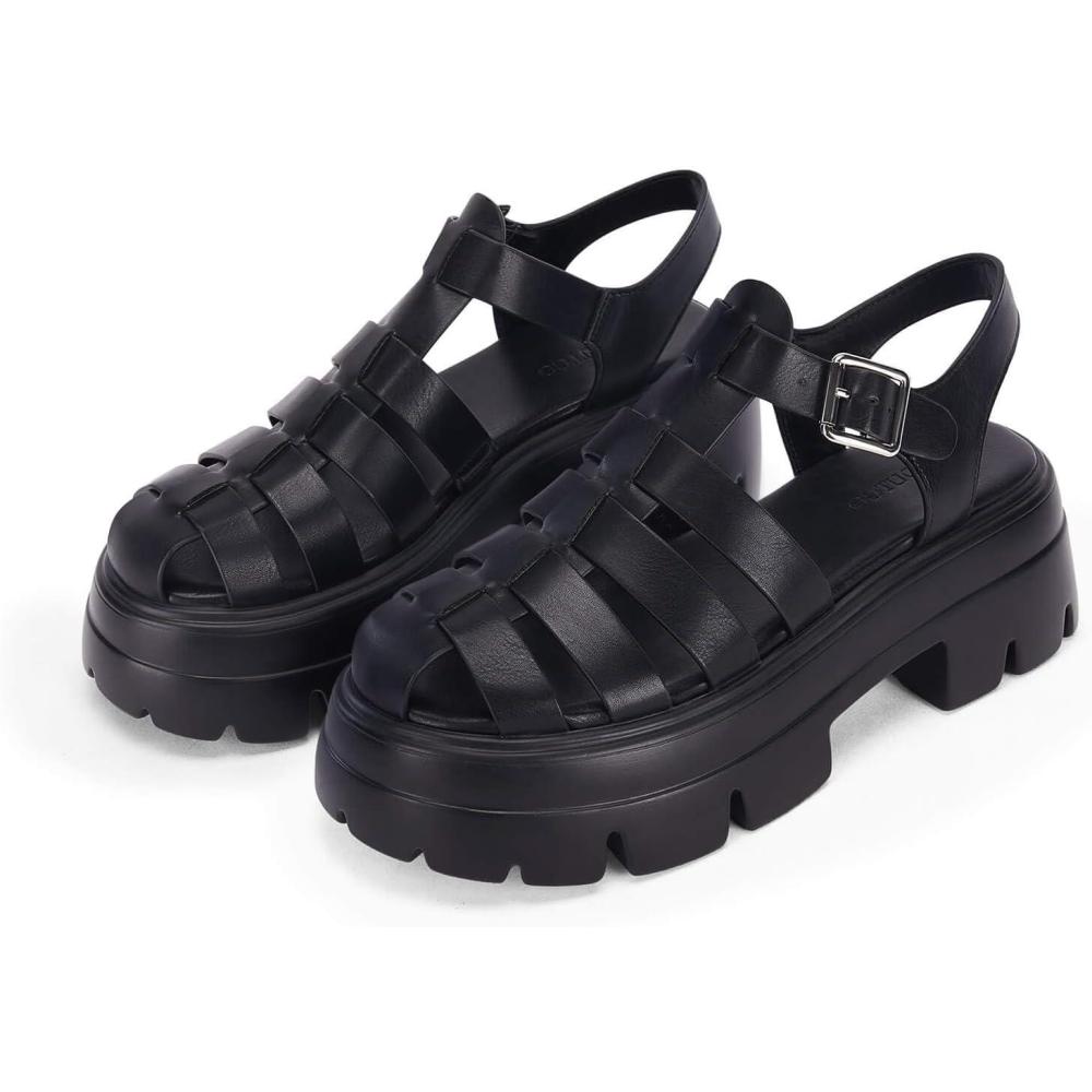 image:imageCoutgo Womens Platform Chunky Heels Sandals Gladiator Ankle Strap Heels Lug Sole Summer Fisherman Y2K ShoesBlack
