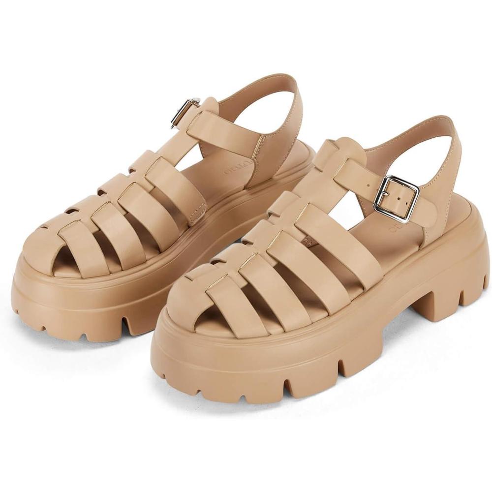image:imageCoutgo Womens Platform Chunky Heels Sandals Gladiator Ankle Strap Heels Lug Sole Summer Fisherman Y2K ShoesKhaki