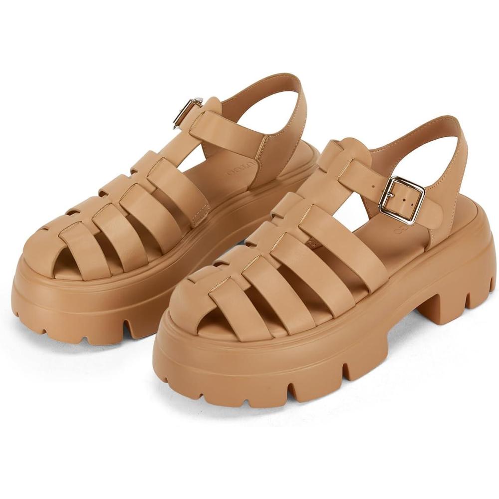 image:imageCoutgo Womens Platform Chunky Heels Sandals Gladiator Ankle Strap Heels Lug Sole Summer Fisherman Y2K ShoesLight Brown