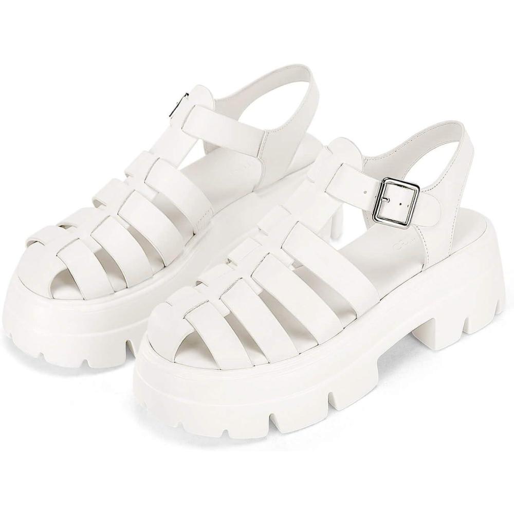 image:imageCoutgo Womens Platform Chunky Heels Sandals Gladiator Ankle Strap Heels Lug Sole Summer Fisherman Y2K ShoesWhite