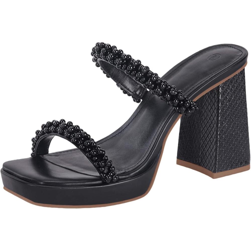 image:imageCoutgo Womens Platform Chunky High Heels Sandals Square Open Toe Strappy Pearl Slip On SlidesBlack