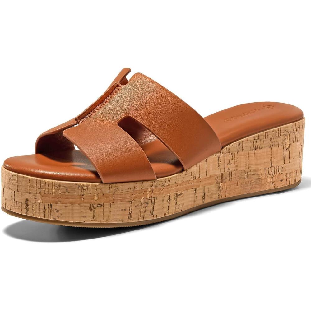 image:imageCoutgo Womens Platform Wedge Sandals Open Toe Slip On Slides Cork Heeled Cutout Comfortable Summer Shoes Brown Size 10