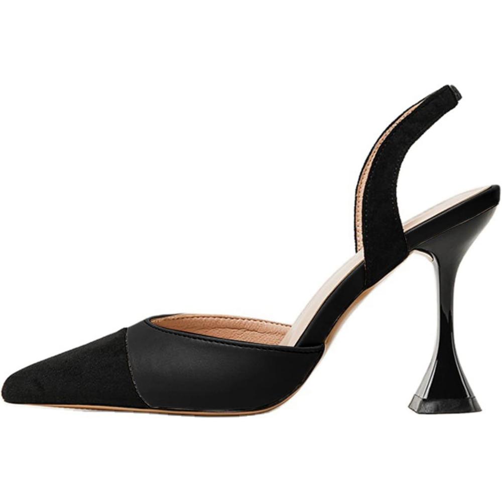image:imageCoutgo Womens Slingback Pumps Pointed Toe Slip On Stiletto Heels Patchwork Dress Party ShoesBlack