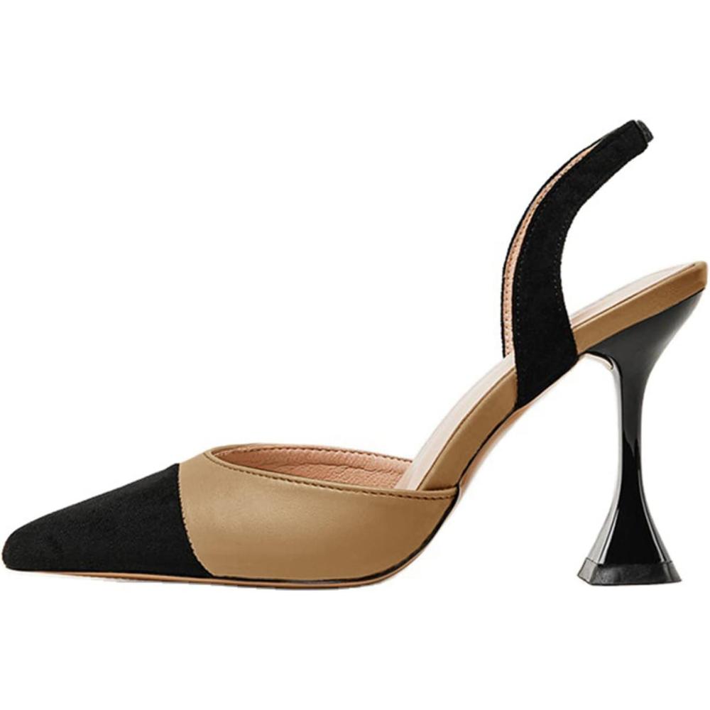image:imageCoutgo Womens Slingback Pumps Pointed Toe Slip On Stiletto Heels Patchwork Dress Party ShoesKhakiBlack