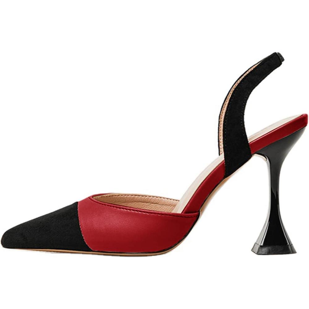 image:imageCoutgo Womens Slingback Pumps Pointed Toe Slip On Stiletto Heels Patchwork Dress Party ShoesRedBlack