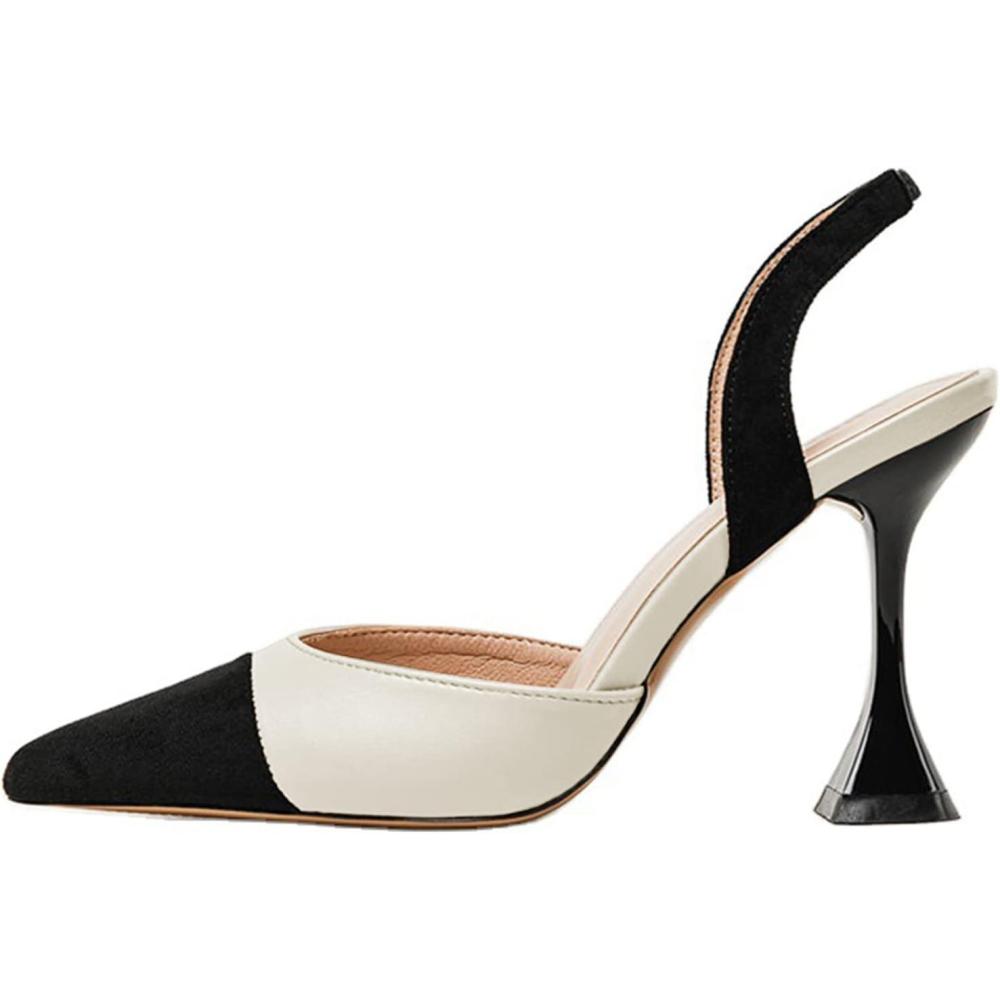 image:imageCoutgo Womens Slingback Pumps Pointed Toe Slip On Stiletto Heels Patchwork Dress Party ShoesWhiteBlack