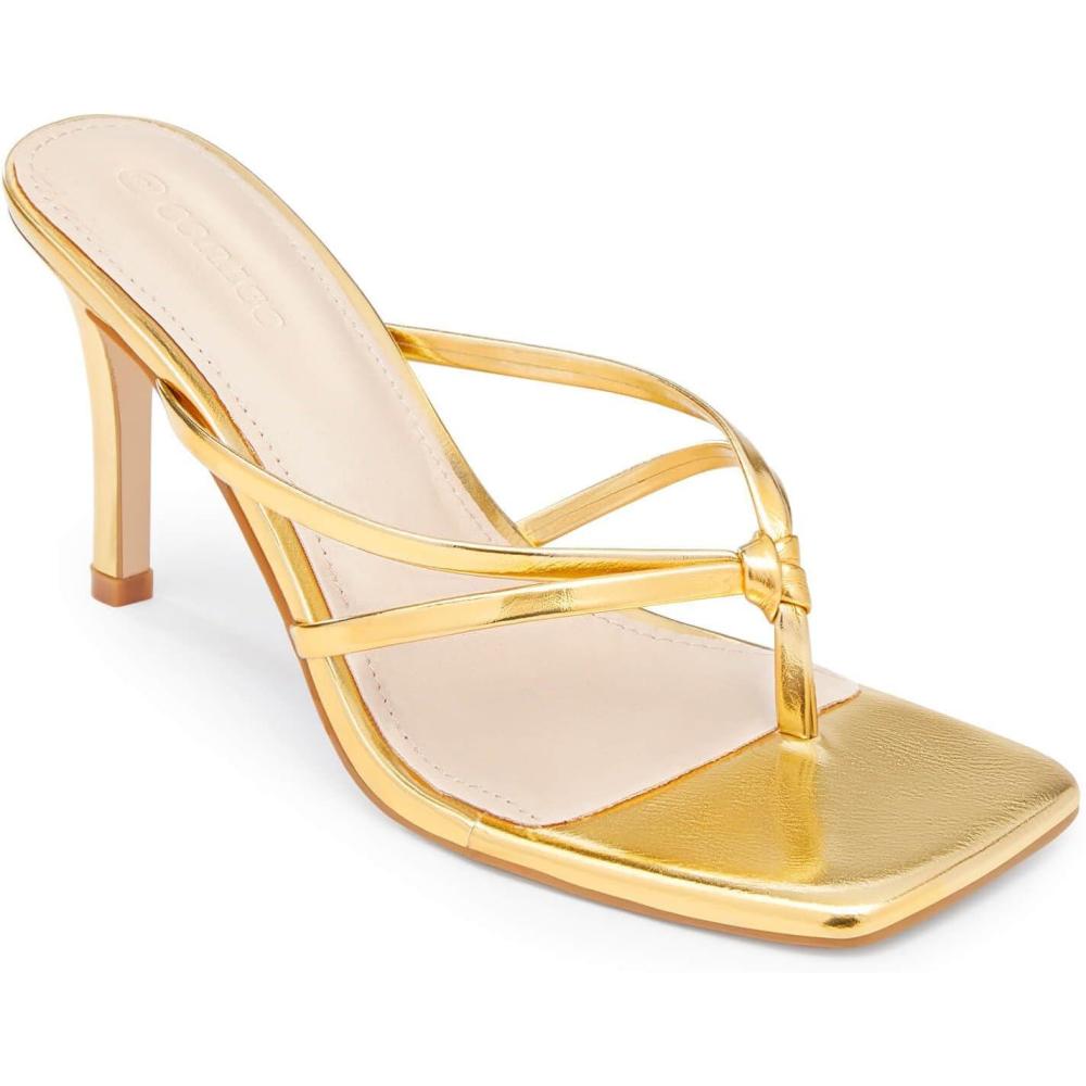 image:imageCoutgo Womens Strappy Heeded Sandals Square Toe Flip Flops Fashion Stiletto Thong Slip On SandalsGold