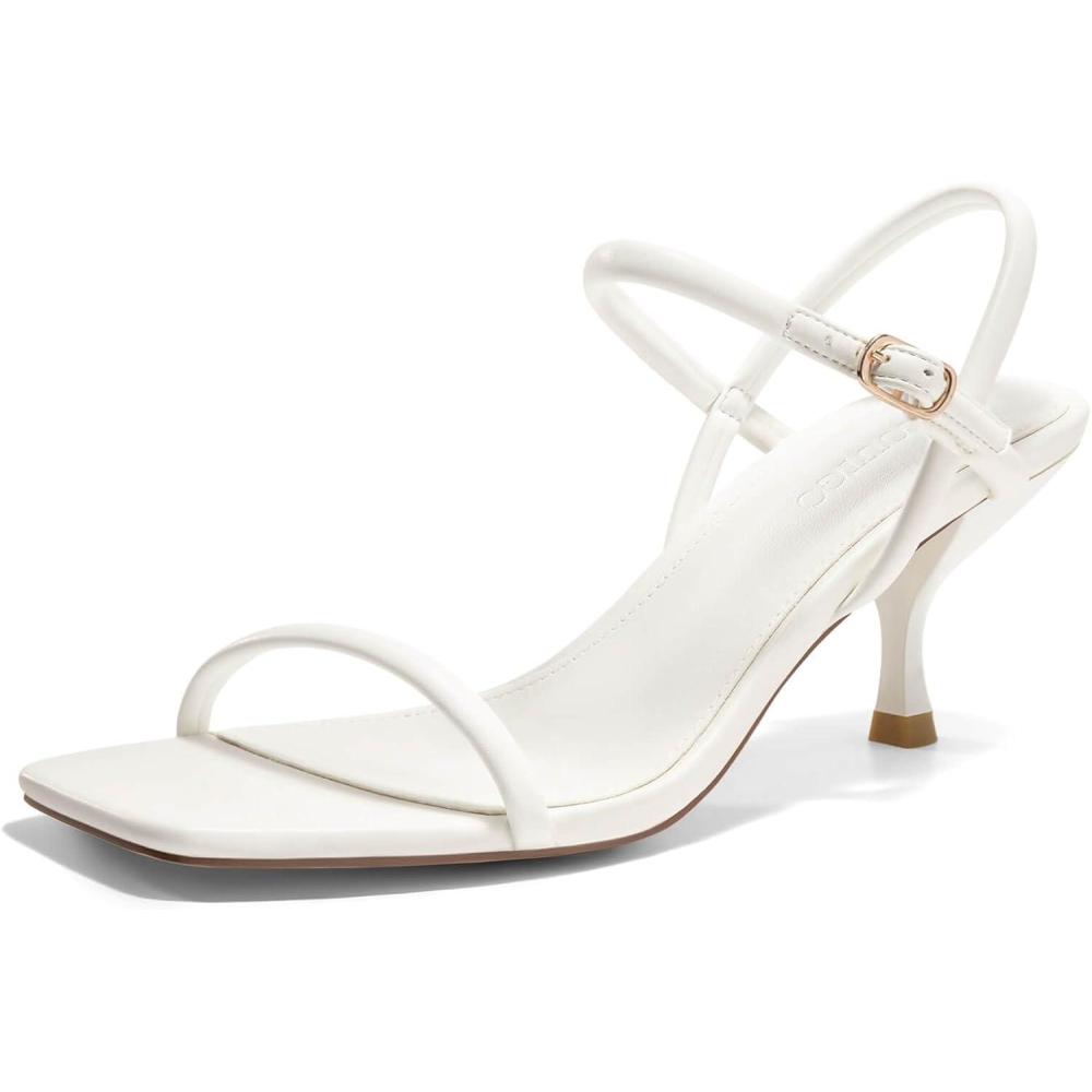 image:imageCoutgo Womens Strappy Kitten Heels Open Square Toe Sandals Buckle Ankle Strap Summer Dress ShoesWhite