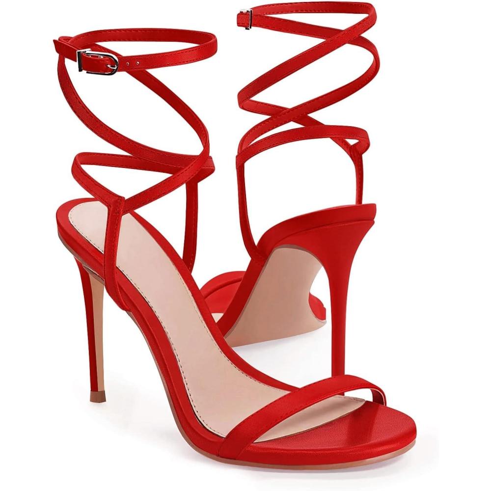 image:imageCoutgo Womens Strappy Lace up Heels Sandals Sexy High Heeled Ankle Strap Summer Dress Shoes Red Size 85