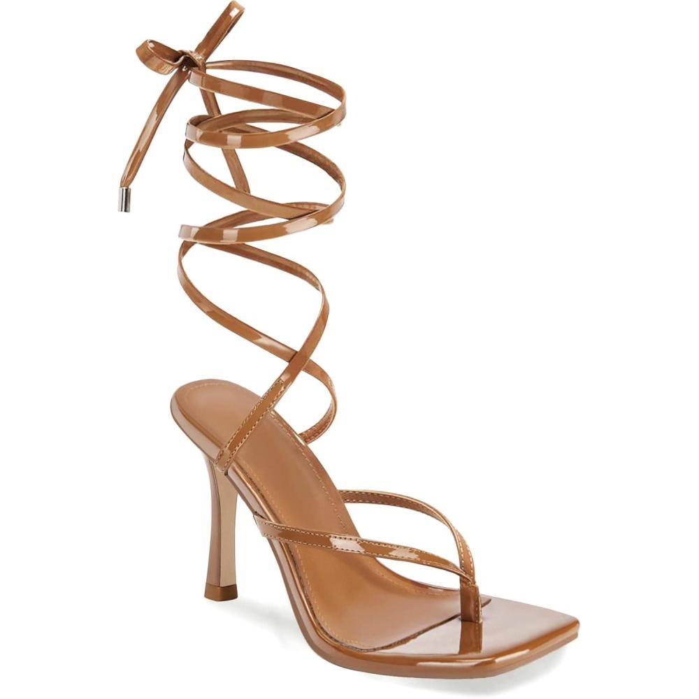 image:imageCoutgo Womens Strappy Thong Heels Sandals Sexy Lace up Wrap Ankle Strap Square Toe High Heeled Dress Summer Party ShoesBrown