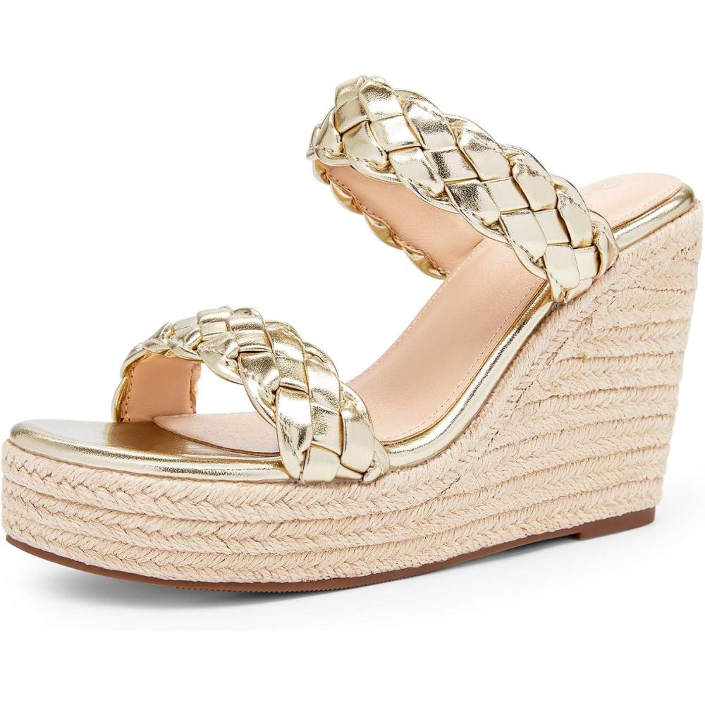 image:imageCoutgo Womens Wedge Platform Sandals Espadrilles Two Strap Woven Slip On Summer Cute Slide SandalsGold
