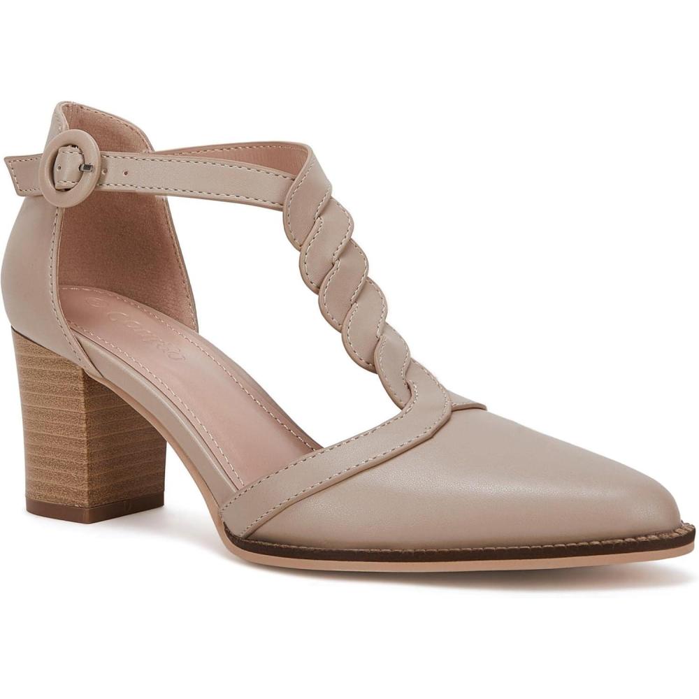 image:imageWomens Block Chunky Heels T Strap Dress Shoes Closed Toe Stacked Heeled Pumps SandalsNude