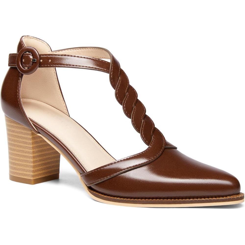 image:imageWomens Block Chunky Heels T Strap Dress Shoes Closed Toe Stacked Heeled Pumps SandalsRedbrown