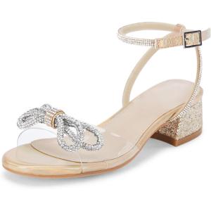 Coutgo Girls Rhinestone Sandals Low Chunky Heels Bow Open Toe Glitter Dress Shoes for Toddler Little Big Kid(Gold)