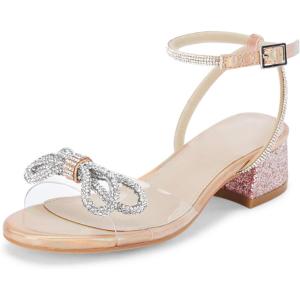 Coutgo Girls Rhinestone Sandals Low Chunky Heels Bow Open Toe Glitter Dress Shoes for Toddler Little Big Kid(Pink)