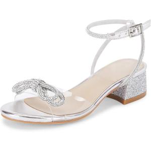 Coutgo Girls Rhinestone Sandals Low Chunky Heels Bow Open Toe Glitter Dress Shoes for Toddler Little Big Kid(Silver)