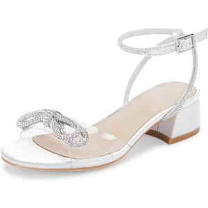 Coutgo Girls Rhinestone Sandals Low Chunky Heels Bow Open Toe Glitter Dress Shoes for Toddler Little Big Kid(White)