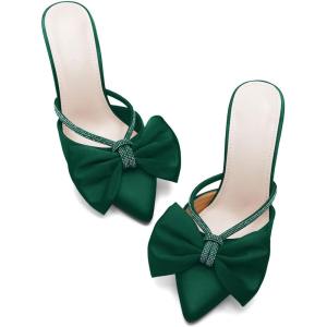 Coutgo Womens Bow Heels Mules Pointed Closed Toe Sandals Rhinestone Satin Backless Wedding Shoes(Dark Green)
