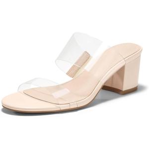 Coutgo Women’s Clear Heeled Sandals Transparent Two Strap Chunky Block Heels Mules Open Toe Slip On Dress Shoes(Apricot)