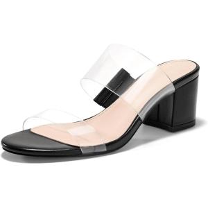 Coutgo Women’s Clear Heeled Sandals Transparent Two Strap Chunky Block Heels Mules Open Toe Slip On Dress Shoes(Black)