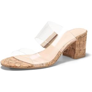 Coutgo Women’s Clear Heeled Sandals Transparent Two Strap Chunky Block Heels Mules Open Toe Slip On Dress Shoes(Camel(cork Sole)