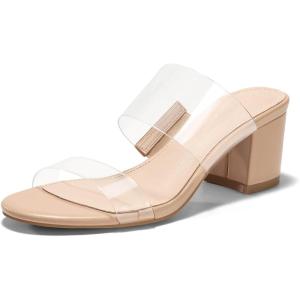 Coutgo Women’s Clear Heeled Sandals Transparent Two Strap Chunky Block Heels Mules Open Toe Slip On Dress Shoes(Khaki)