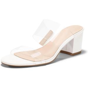 Coutgo Women’s Clear Heeled Sandals Transparent Two Strap Chunky Block Heels Mules Open Toe Slip On Dress Shoes(White)