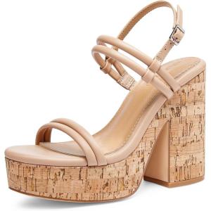 Coutgo Womens Cork Wedge Sandals Heels Open Toe High Heel Platform Slingback Ankle Strap Buckle Summer Dressy Shoes(Khaki)