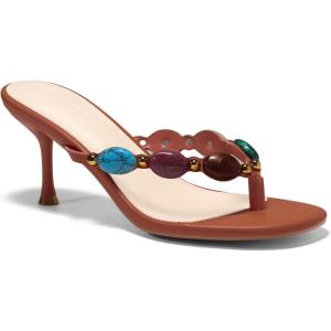 Coutgo Womens Jeweled Heeled Sandals Kitten Heel Starppy Flip Flop Backless Open Toe Slides Boho Summer Vacation Beach Shoes(Dark Brown)