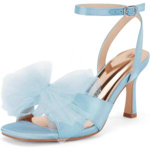 Coutgo Womens Lace Bow Heels Sandals Open Square Toe Stiletto High Heel Ankle Strap Bride Wedding Dress Shoes(Sky Blue)