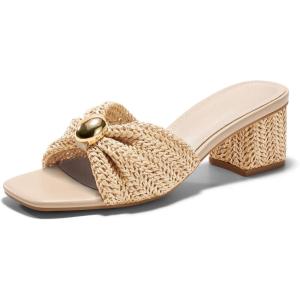 Coutgo Womens Low Chunky Block Heels Raffia Sandals Square Open Toe Slip On Slides Summer Beach Dress Shoes(Beige)