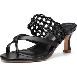 Coutgo Womens Low Kitten Heel Sandals Open Toe Ankle Strap Thong Slides Backless Slip on Dress Shoes(Black)
