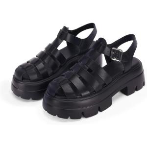 Coutgo Womens Platform Chunky Heels Sandals Gladiator Ankle Strap Heels Lug Sole Summer Fisherman Y2K Shoes(Black)