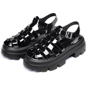 Coutgo Womens Platform Chunky Heels Sandals Gladiator Ankle Strap Heels Lug Sole Summer Fisherman Y2K Shoes(Cool Black)
