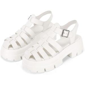 Coutgo Womens Platform Chunky Heels Sandals Gladiator Ankle Strap Heels Lug Sole Summer Fisherman Y2K Shoes(White)