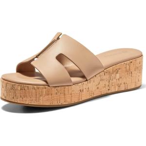 Coutgo Womens Platform Wedge Sandals Open Toe Slip On Slides Cork Heeled Cutout Comfortable Summer Shoes, Khaki, Size 10