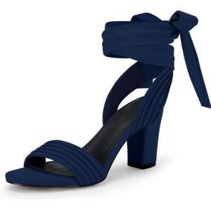 Coutgo Womens Strappy High Heels Chunky Heeled Sandals Bow Tie Lace Up Open Toe Pumps Dress Wedding Comfortable Shoes(Navy Blue)
