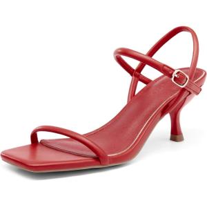 Coutgo Womens Strappy Kitten Heels Open Square Toe Sandals Buckle Ankle Strap Summer Dress Shoes(Red)